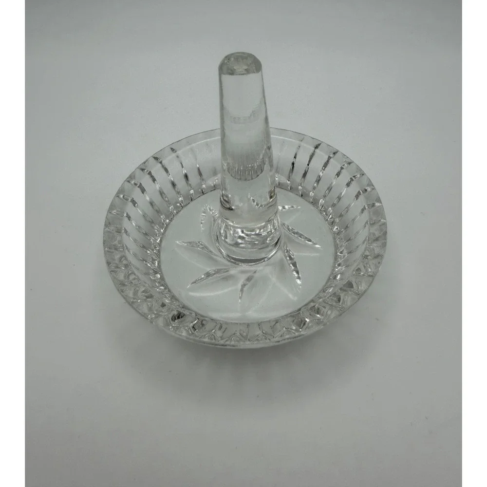 Etched Crystal Glass Jewelry Ring Holder Trinket Dish Pinwheel Design
